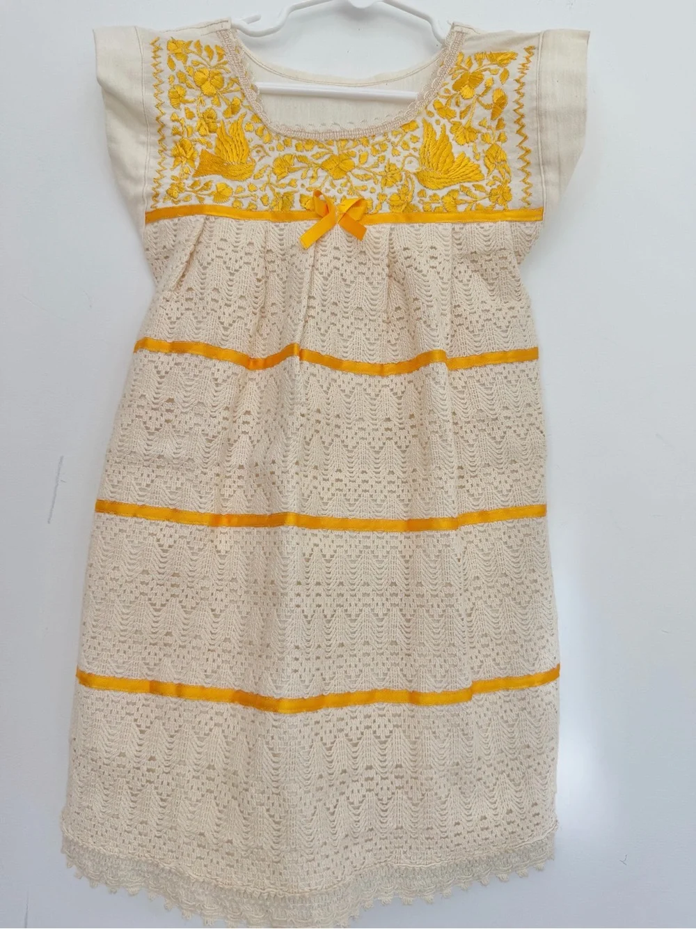 Handmade Mexican Cream and Yellow Embroidered Crochet Kids Dress w Ribbons 3T-4T